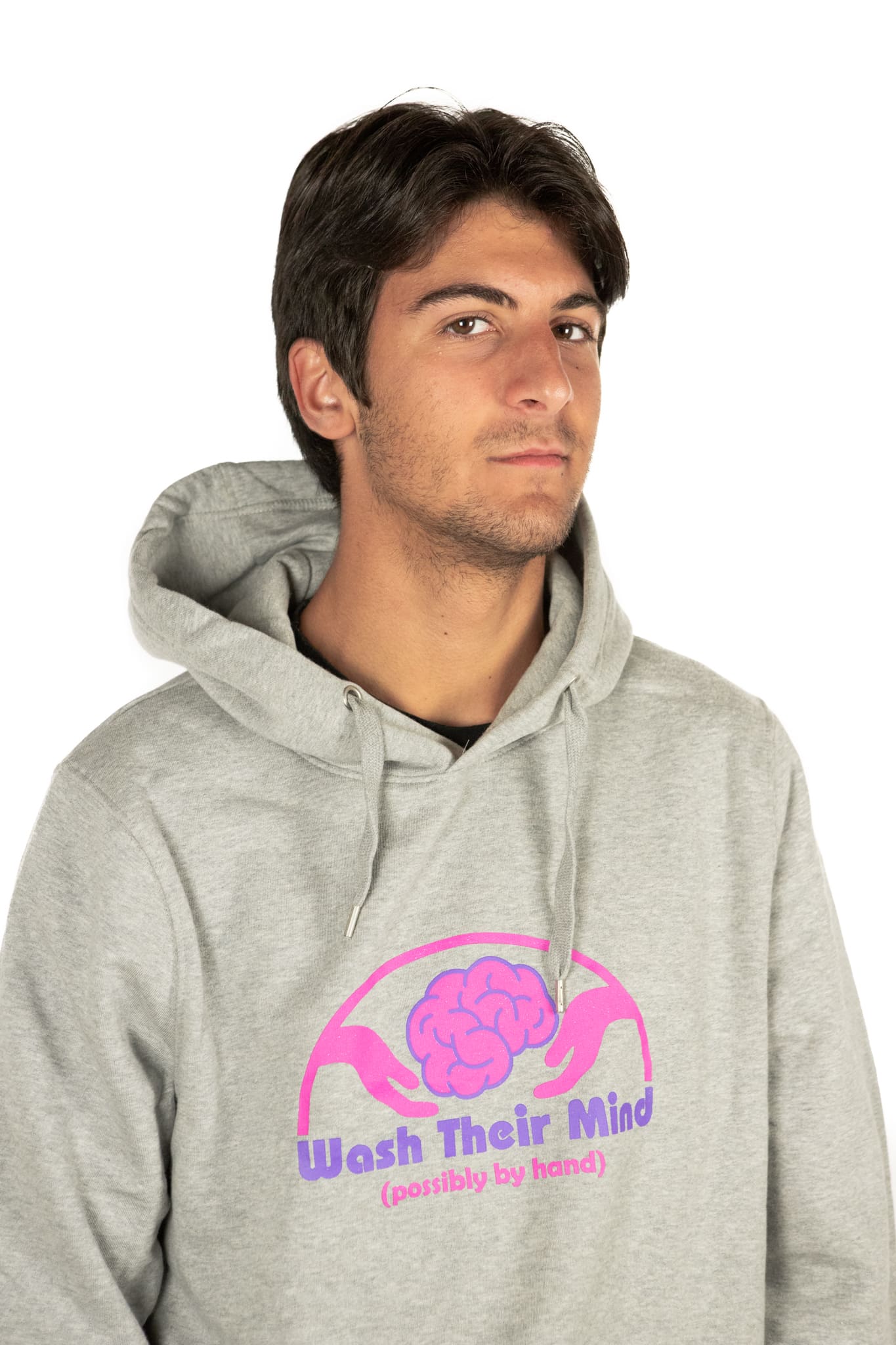 Hoodie Sweatshirt felpa streetwear LabelLess, wash their mind grigia unisex fronte