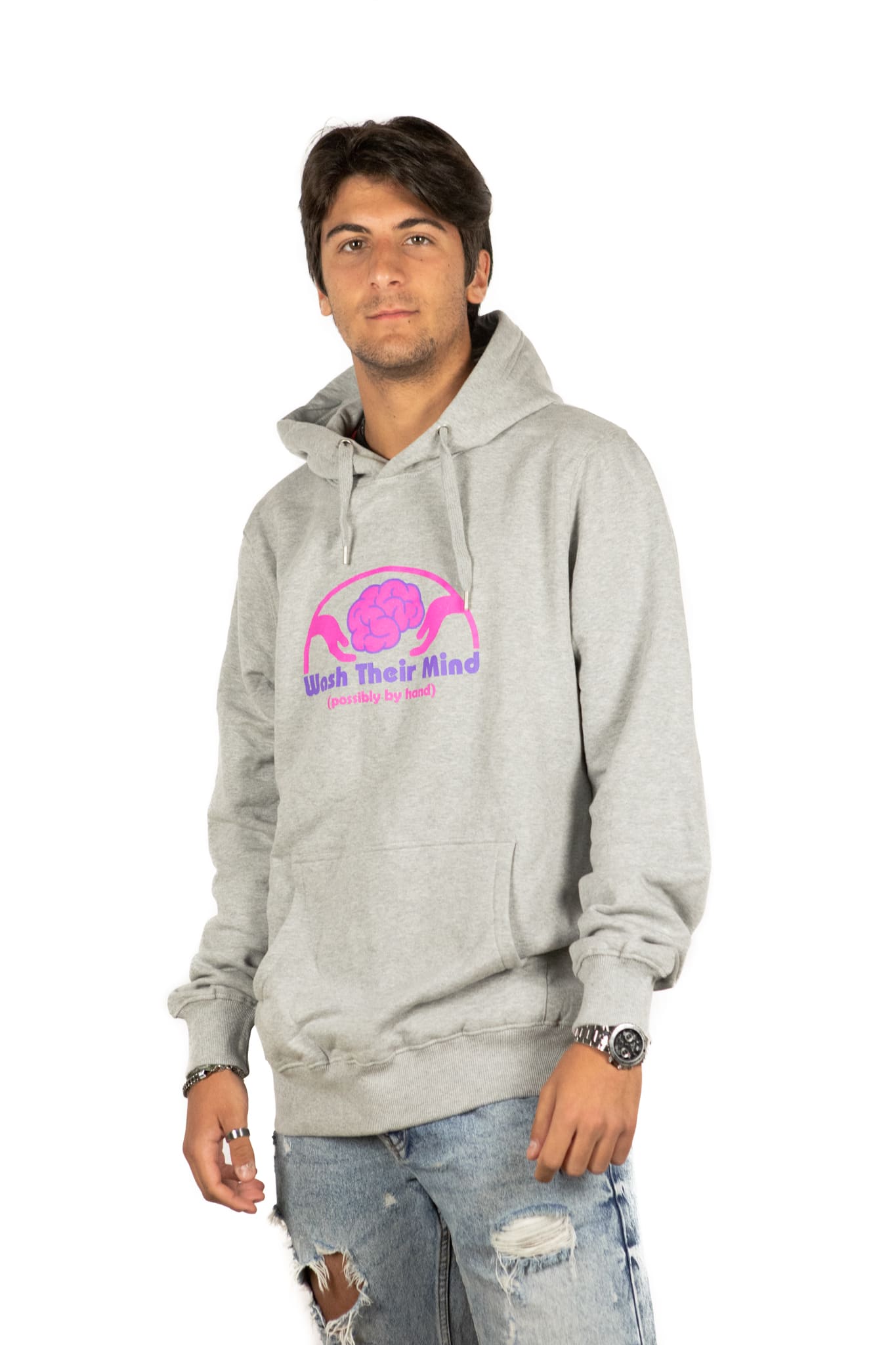 Hoodie Sweatshirt felpa streetwear LabelLess, wash their mind grigia unisex fronte