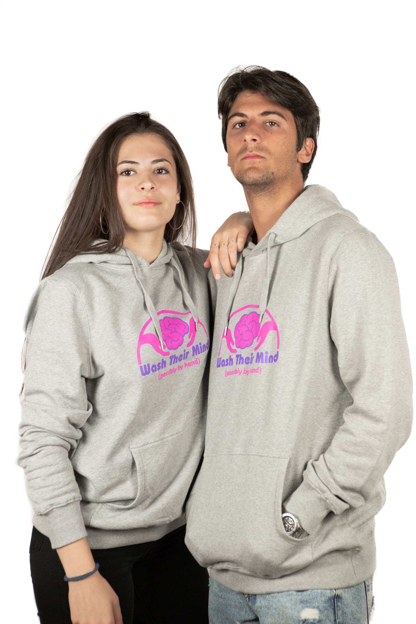 Hoodie Sweatshirt felpa streetwear LabelLess, wash their mind grigia unisex fronte